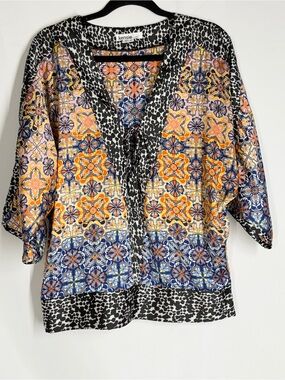kensie Multicolor Floral Tile Tie-Front Tunic - Blue & Orange & Black